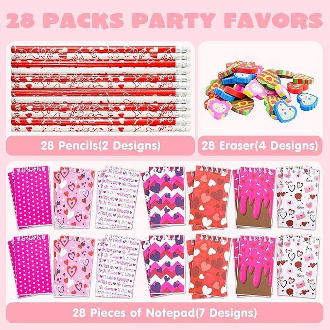 JOYIN 28 Packs Valentine Gifts for Kids, Notepad, Pencil and Eraser for Kids and Adults School, Party Favor Stationery Sets, Gift Set Classroom Exchange Toy