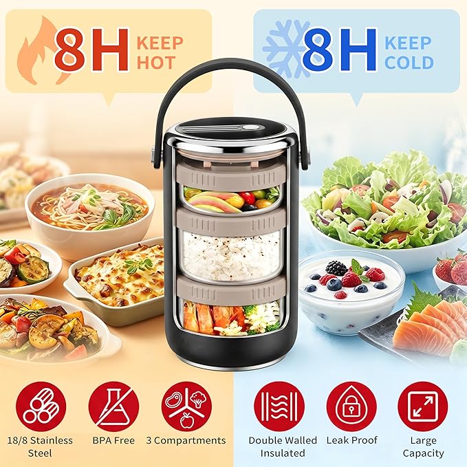 86oz Stainless Steel Vacuum Insulated Food Jar for Hot & Cold Food, Portable 3 Tier Stackable Bento Lunch Box, Wide Mouth Soup Thermos for Adults with Insulated Bag (Black, 86 Ounces)