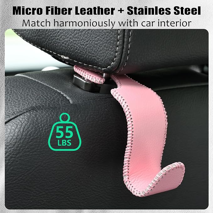 Amooca Car Seat Headrest Hook Universal Vehicle Storage Hanger Leather with Metal Car Seat Back Organizer for Handbag Purse Coat Pink 4 Pack