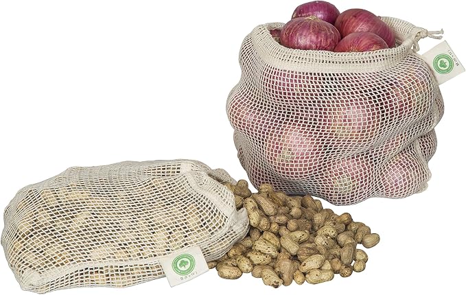 Reusable Mesh Vegetable Bags of 100% Organic Cotton - 6 Pieces Perfect Net Produce Bags - Eco-friendly, Bio-degradable & Washable Fruit, Vegetable & Produce Sacks (3 Medium, 3 Small)