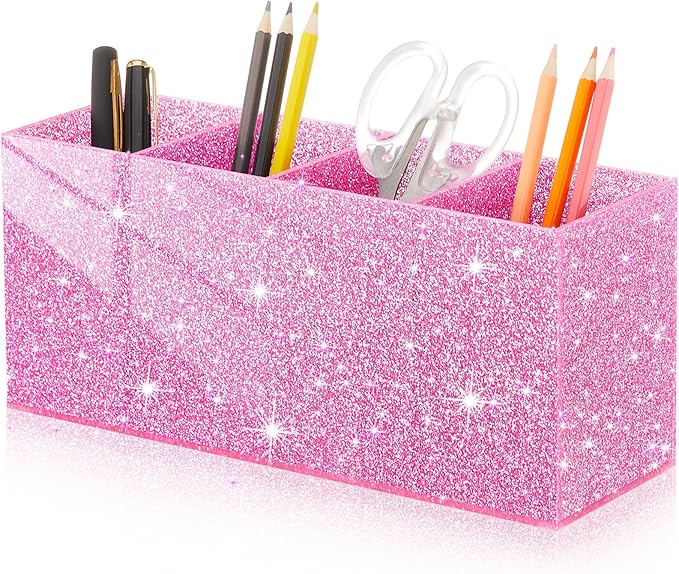 Jetec Acrylic Glitter Pink Pen Holder 4 Compartments Bling Makeup Brush Stationery Organizer Pencil Holder for Desk Accessories Sparkly Gifts for Women Back to School Birthday Desktop Workplace Office