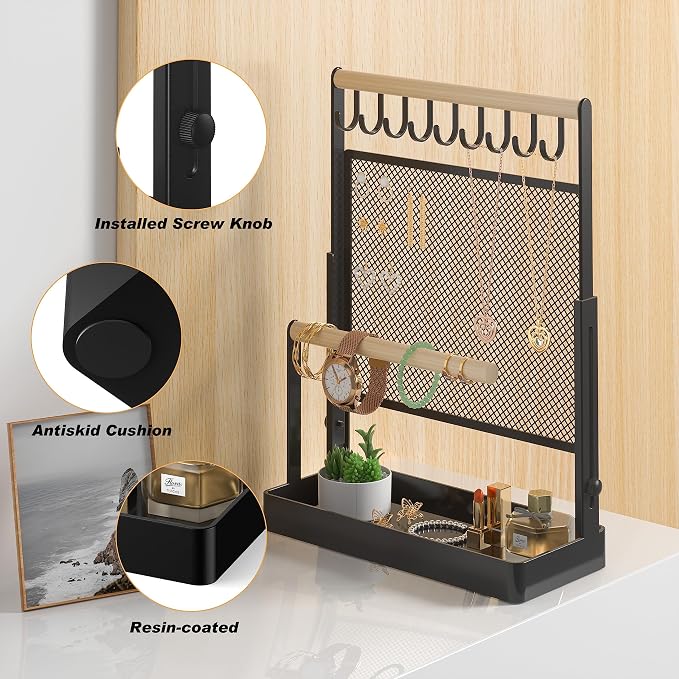 Jewelry Organizer Stand, Liftable Necklace Holder with Earring Organizer Net, 9 Hooks Necklaces Storage Wooden Handing Bar for Bracelets Watches Rings (Black)