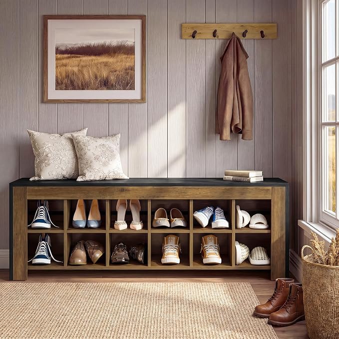 Tribesigns 48-inch Farmhouse Entryway Bench, Wooden Shoe Storage Bench with 12 Cubbies & Compartments, Shoe Rack Organizer, Freestanding Shoe Cabinet for Hallway, Mudroom, Cloakroom, Bedroom