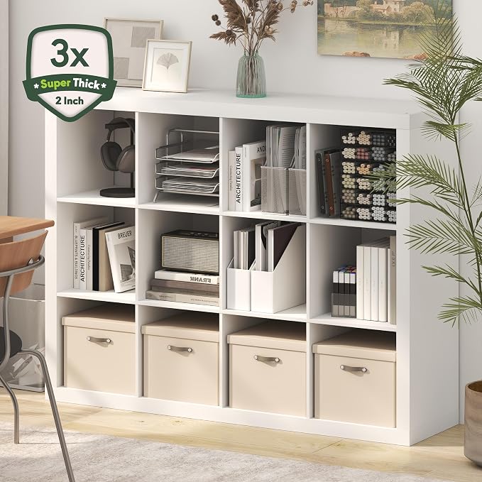 Furinno Cubicle Book Shelf, 12-Cube 2-Inch Super Thick Frame Bookshelf, Reversible Bookcase, Cube Storage Organizer with Open Back, 15.4 x 58 x 44, for Living Room, Bedroom, Home Office, White