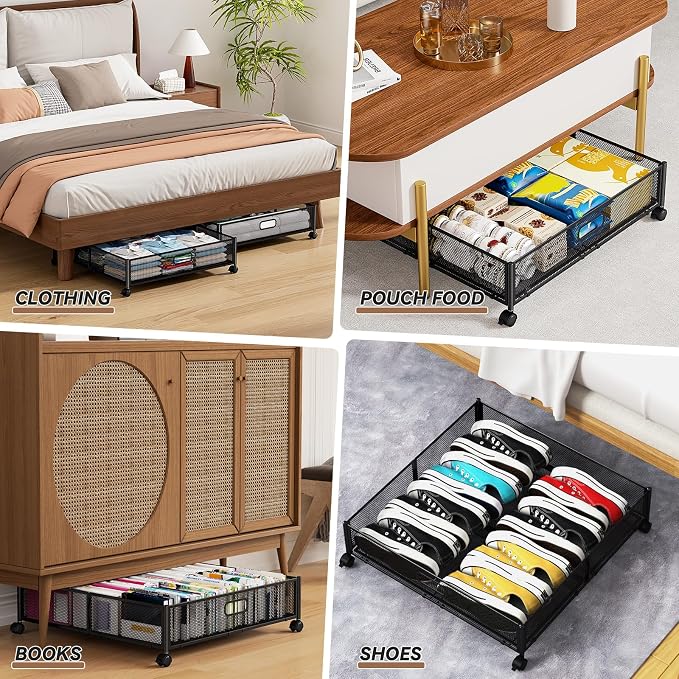 PHINOX Under Bed Storage Containers with Wheels - Shoe Storage Organizer Drawer, Tool-free Assembly Metal Underbed Storage for Bedroom Clothes, Shoes, Blankets - 2Pack