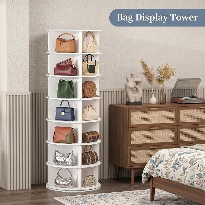 Cushore 7 Tier Rotating Shoe Rack Tower, 360° Spinning Shoe Display Lazy Susan, Tall Revolving Shoe Storage Round Carousel, White