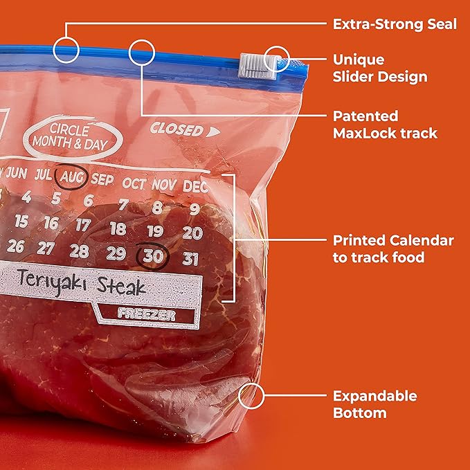 Hefty Calendar Slider Quart Freezer Bags, 140 Count, Quart Slider Bags for Freezer with Calendar Dates, Holds Raw Meat, Fruits, Veggies, and More, Secure Zip and Click Closure