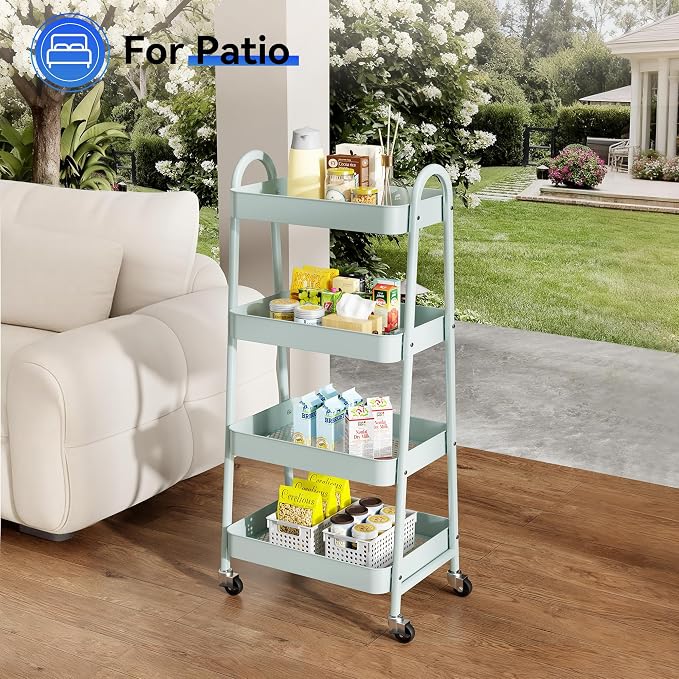 NEWBULIG 4-Tier Metal Rolling Cart with Lockable Wheels, Heavy Duty Mobile Utility Storage Shelf, Roller Book Snack Cart, Green