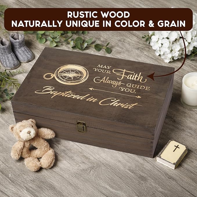 Engraved Baptism Memory Box – Wooden Keepsake Box for Christening Gifts, Baby Dedication, or First Communion – X-Large Size – Dark Walnut Finish –14.12 x 9.5 x 4.5 in