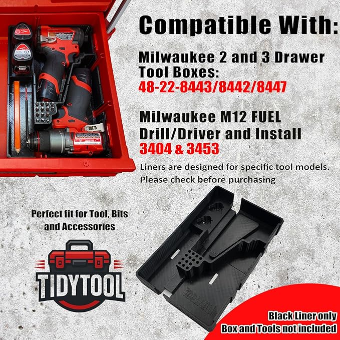 Insert for Milwaukee M12 Drill and Driver– Fits Packout 2-Drawer, 3-Drawer & Multi-Depth 3-Drawer Systems – Reversible Organizer Liner Only