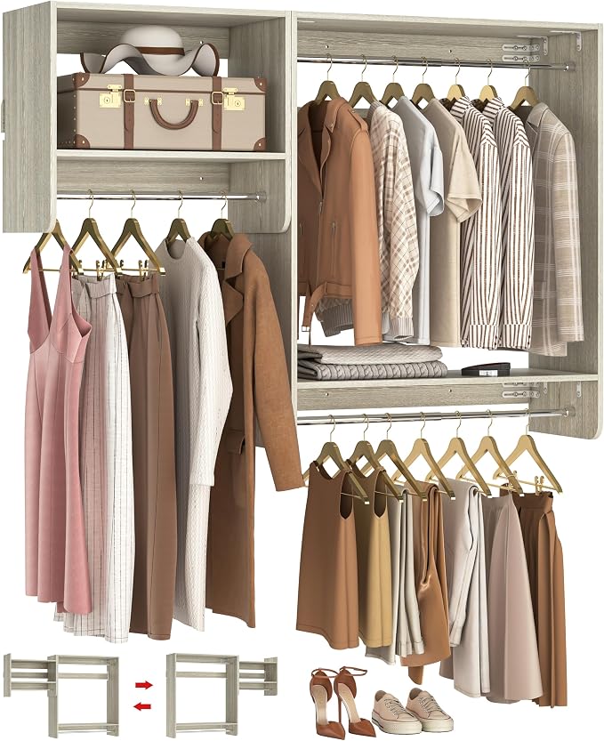 Unikito 36” - 60” Closet System, 5FT Walk in Closet Organizer Starter Kits with 3 Hanging Rod and 3 Shelves, Heavy Duty Reversible Wood Clothing Rack, Cut Be Cut to Fit, Max Load 800 LBS, White Oak