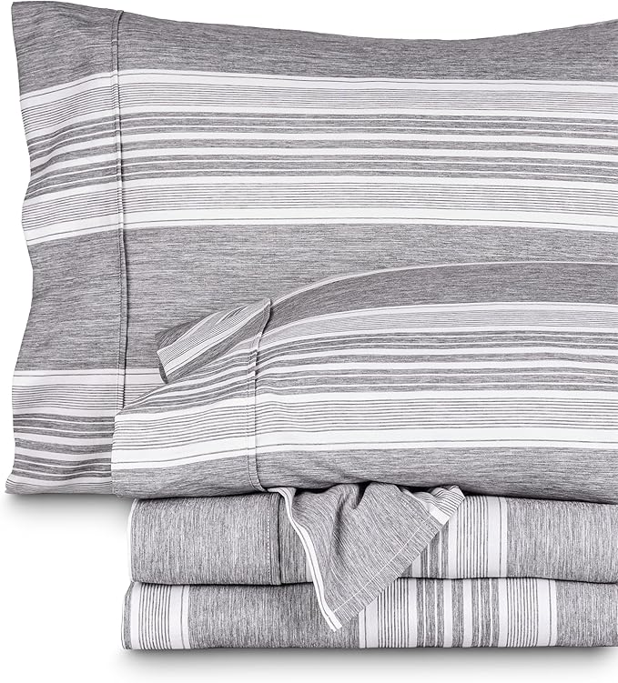 Bare Home California King Sheet Set - 1800 Ultra-Soft Microfiber Cal King Bed Sheets - Double Brushed - Deep Pockets - Easy Fit - 4 Piece Set (Cal King, Heathered Charcoal - Stripe)