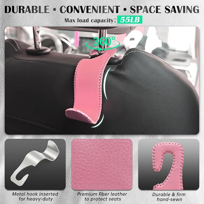 Amooca Car Seat Headrest Hook Universal Vehicle Storage Hanger Leather with Metal Car Seat Back Organizer for Handbag Purse Coat Pink 2 Pack