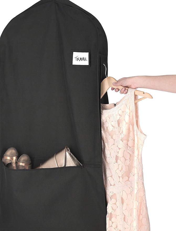 Whitmor Deluxe Garment Bag with Zipper Pocket, Heavy Duty 3" Gusset Clothes Cover for Suits, Dresses & Uniforms, Water-Repellent Polyester with ID Pocket & Accessory Pocket, 42'' Black