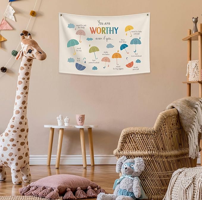Classroom Wall Flag Decor-Teacher Gift-Inspirational Back to School Wall Banner Decor-You Are Worthy Even If You-Hanging Rectangular Canvas Banner for Classroom Teacher Office Reading Corner