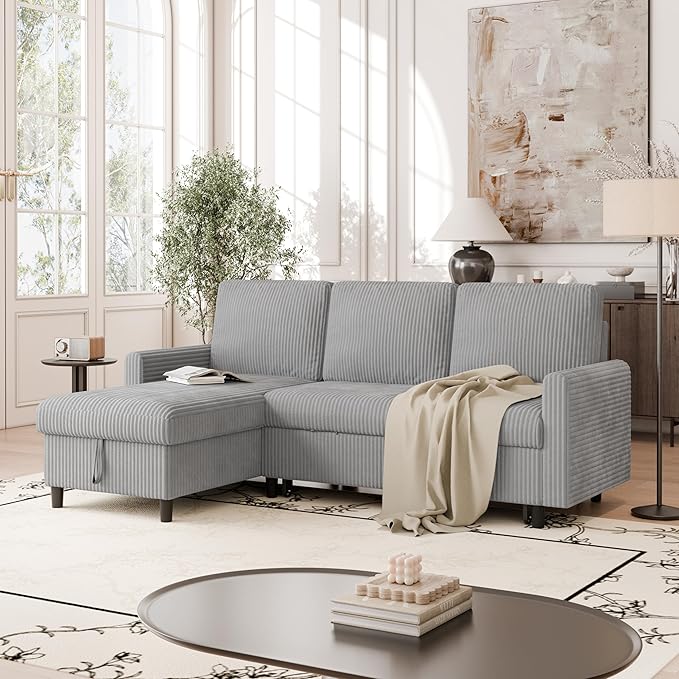 Vongrasig Pull Out Couch, 2 in 1 Small Sofa Bed Sleeper Sofa with Storage, 77" L Shaped Convertible Sofa with Storage Chaise for Living Room, Apartment, Light Grey
