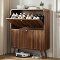 Decofy Shoe Cabinet with 2 Flip Drawers, Expanded Panel for Long Footwear, Freestanding Shoe Storage Cabinet with 3-Gear Adjustable Shelves, Narrow Shoe Cabinets for Entryway, Solid Wood Legs, Walnut