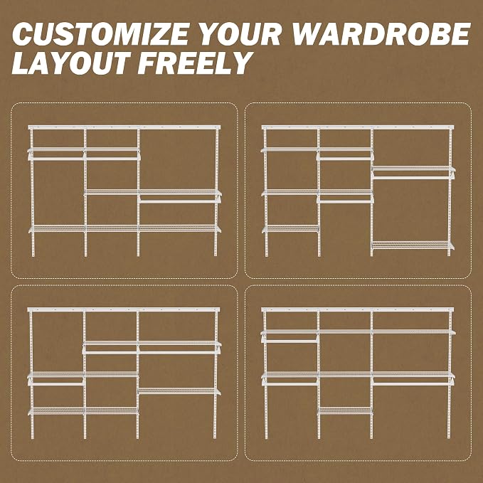 Closet System Wall Mounted 2-7.5 Ft, Heavy Duty Adjustable Wire Shelving with Hanging Rod, Custom Organizer Kit for Bedroom Laundry Mudroom, White
