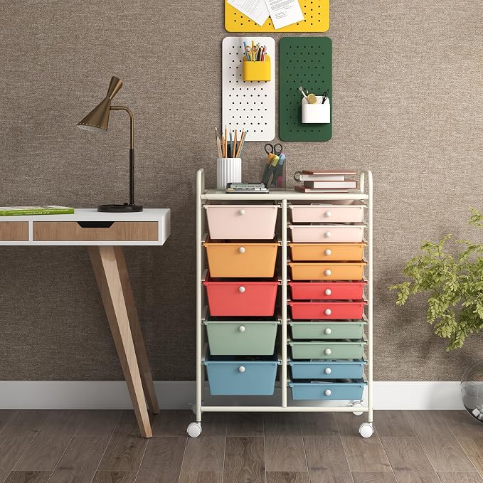 LUARANE Rolling Cart with 15 Drawers, Craft Storage Cart with Portable Handles & Lockable Wheels, Mobile Toys Organizer, Large Capacity Utility Drawer Cart Home Office School Teacher (Macaron)