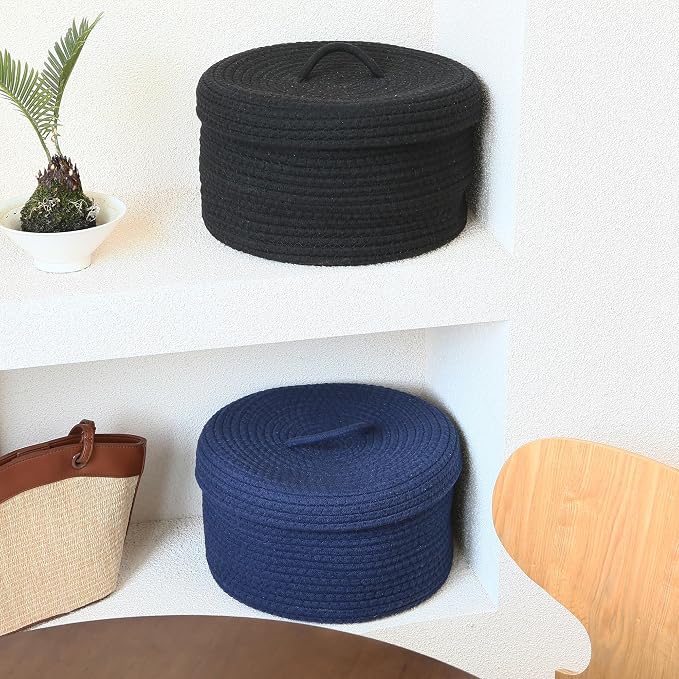 Sea Team Round Cotton Rope Storage Basket with Lid, Lidded Woven Storage Bin, Nursery Storage Container, Diaper Caddy, Baby Shower Basket, Box, Organizer, 11.8 x 11.8 x 6.7 Inches (Medium, Navy Blue)