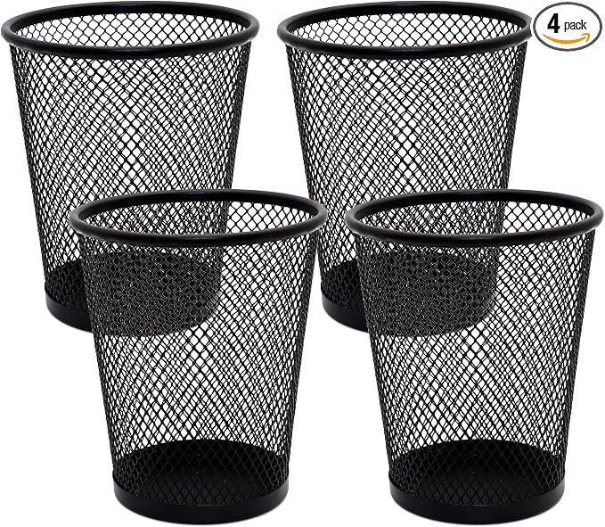 SLSON 4 Pack Pen Holder Metal Mesh Pencil Holders Round Shaped Pen Holders for Desk Office Wire Mesh Container Pen Organizer,Black