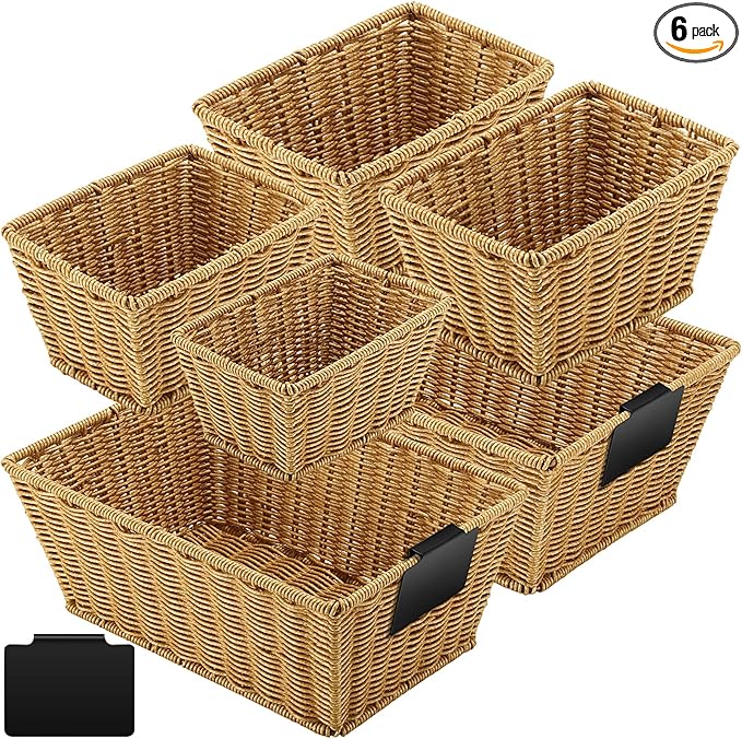 Marsui 6 Pcs Wicker Storage Baskets for Pantry Organization with Labels Handwoven Multi-size Natural Wicker Storage Bins for Organizing Small Baskets Container for Shelves Closet Toilet