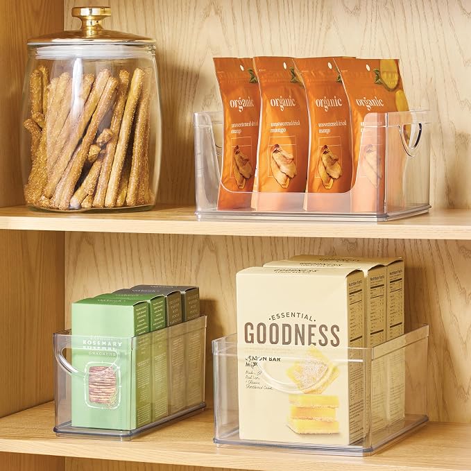 iDesign Plastic Stackable Kitchen Cabinet Storage Bin, Clear, 4-Pack | With Handles, Pantry Organizer