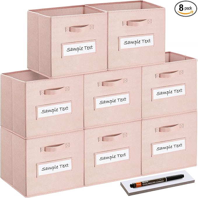 13x13x13 storage cube bins(Set of 8) Fabric storage cubes with 8 Labels Window Cards & a Pen, storage cubes 13x13, Collapsible 13 inch cube storage bins, Cubby Boxes, Pink