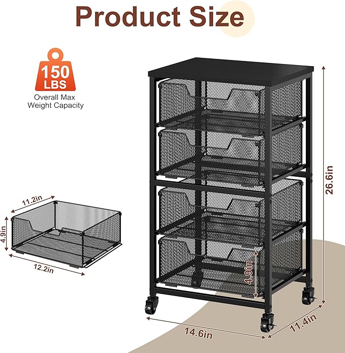 Rolling Cart with Drawers, Utility Storage Cart with Lockable Wheels, Metal snack cart, Under Desk Storage for Office, Kitchen, Craft, and Art Supplies, Black