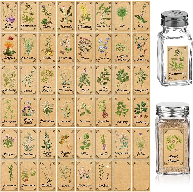 48PCS Herb and Spice Labels for Jars Bottles, Vintage Jars Stickers for Spice Cabinet Organization, Apothecary Labels Herblist Supplies(1.4"x2.4")