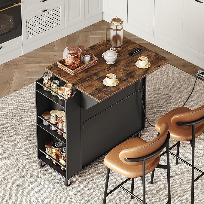 RALGEND Kitchen Island with Power Outlets & Drop Leaf, Rolling Kitchen Cart on Wheels, Kitchen Storage Island with Spice Rack and Drawer for Kitchen, Dinning Room, Black and Rustic Brown