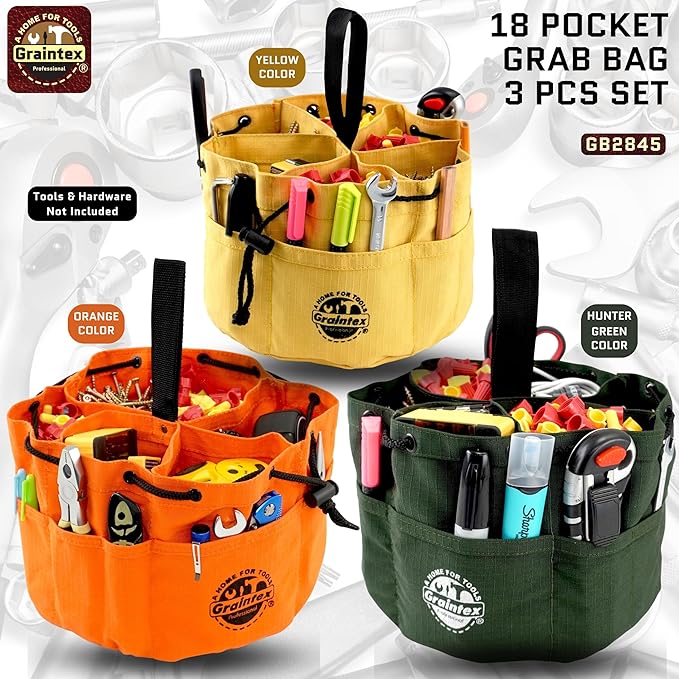 Graintex 18 Pocket Grab Bags Set of 3 Pcs Rip-Stop Canvas, Drawstring Closure, Small Parts Organizer Bag, Small Tools, Screws, Parts, Parachute Tool Bag, Parachute Tool Organizer for Essential Items