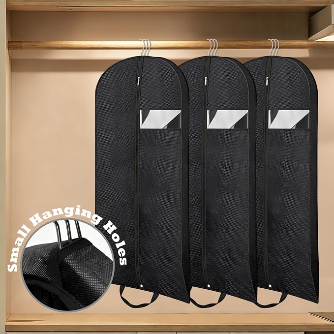 Gusseted Dress Bags for Gowns Long, 60'' Garment Bags for Hanging Clothes, Suit Bag Cover for Storage and Travel (Black)