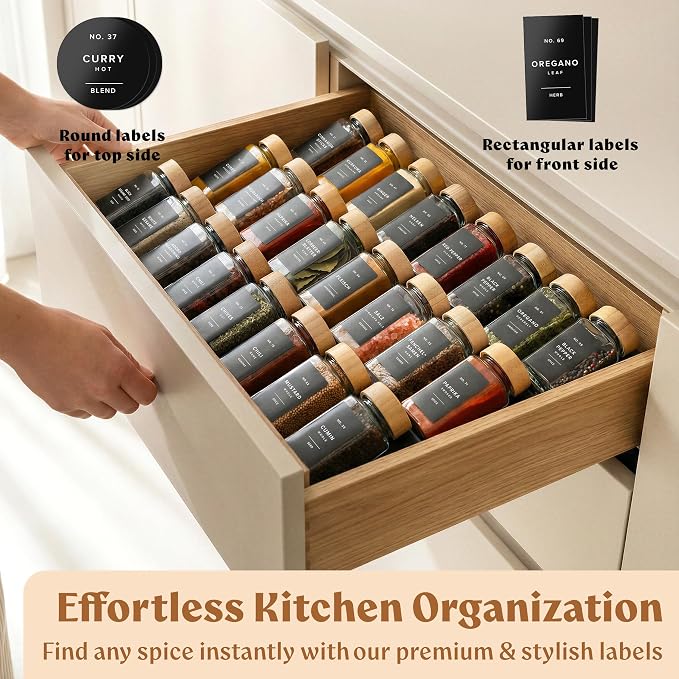 EDELHAUS Square Glass Spice Jars (24 x 4oz) with Bamboo Lids + Magnetic Spice Rack for Refrigerator (Fits 12 Jars) + Bonus Slim Auxiliary Rack, 240 Labels, Shaker Inserts, Funnel