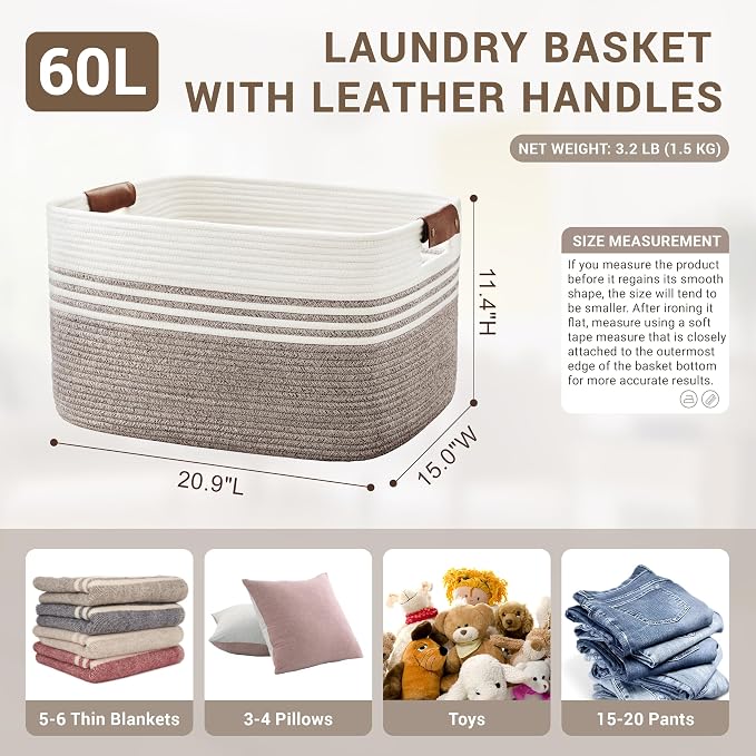 60L Woven Laundry Basket Hamper with Leather Handles,Dark Brown | 21"x15"x11", collapsible wicker hamper, storage for dirty clothes, toys, blankets, gifts, living room, bedroom, bathroom