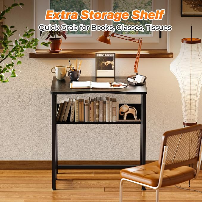 Huuger Folding Desk with Storage Shelf, 23.6 Inch Foldable Computer Table for Small Spaces, Space Saving Sofa Table for Couch, Writing Work Office Computer Desk, Easy to Fold, Black