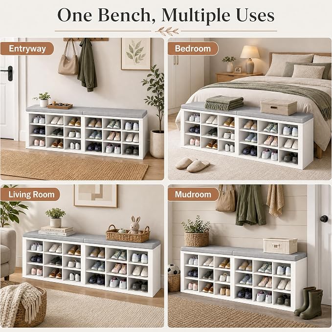 Shoe Storage Bench with Padded Seat, 18-Cubby Shoe Organizer for Entryway, 59.1" Long 700 lb Capacity, for Living Room, Bedroom, Hallway (Whiteboard with Light Gray, Linen, Sponge)
