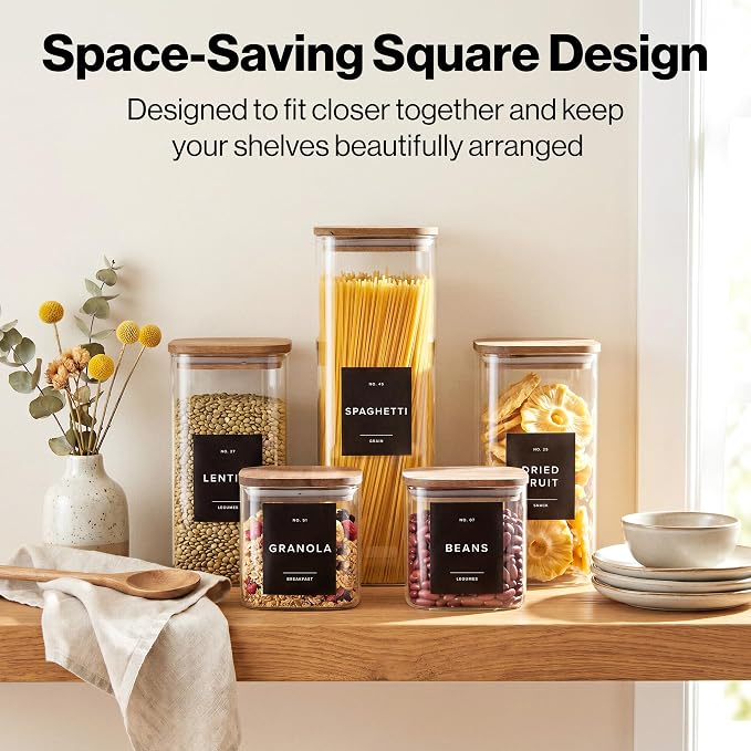 Glass Pantry Storage Jars Containers with Acacia Lids and Labels - Set of 5 | Extra Thick Square Glass Canisters with Acacia Wood Lids and 54 Pre-printed Pantry Labels keeps dry Goods Fresh and Organized