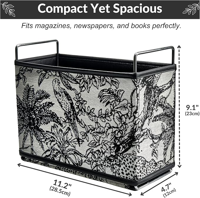 Leather Magazine Holder Rack Floor Basket for Bathroom & Living Room | No-assembly sturdy organizer in textured tapestry jacquard & leather. Randomly cut jungle pattern (no two are alike).