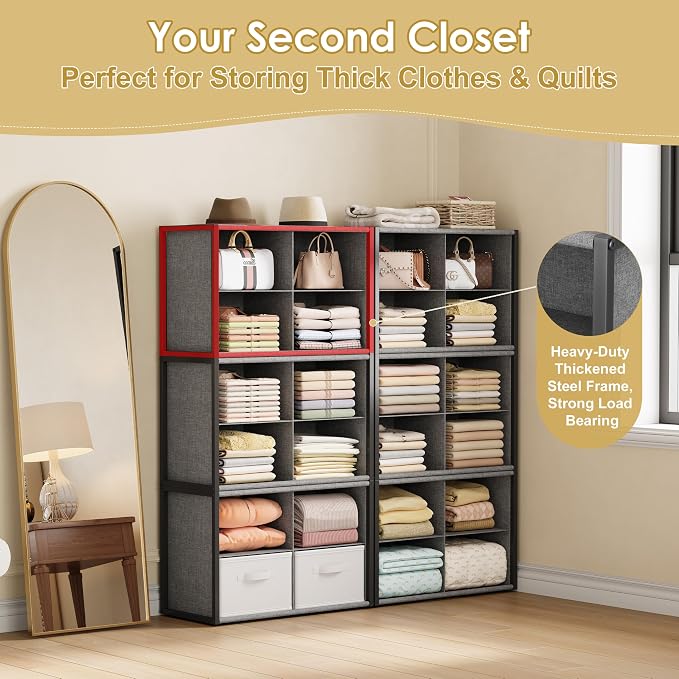 8-Cube Stackable Closet Storage & Organization Systems, 2-Pack Metal Shelf | Reinforced Fabric & MDF Panels Provide Sturdy Support for Sweaters, Jeans, Towels, Blankets and Bags in Bedrooms, Closets