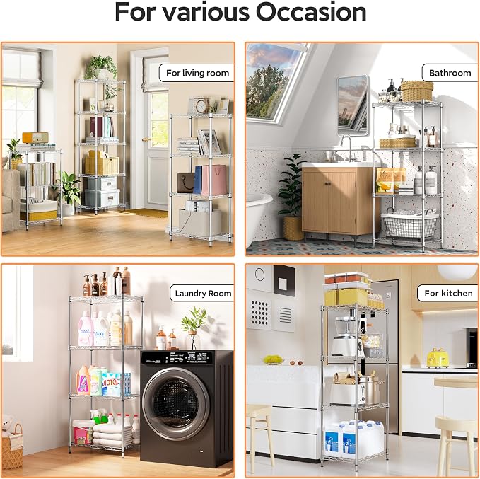 M MZG 4 Tiers Shelf Metal Storage Shelves Wire Rack Closet Organizers with Wheel for Garage Kitchen Bathroom Laundry Chrome 11.8" D x 17.7" W x 41.9" H
