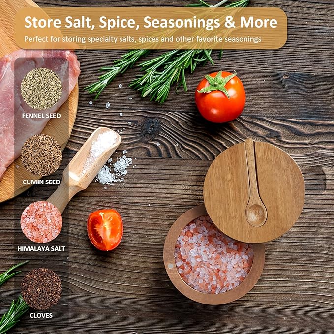 OUTNILI Salt Box Bowl with Lid and Spoon - Acacia Salt Cellar with 360° Swivel Lid - Salt Container Holder for Sea Salt Herbs or Favorite Seasonings, for Kitchen Decor and Accessories, 7 Ounces