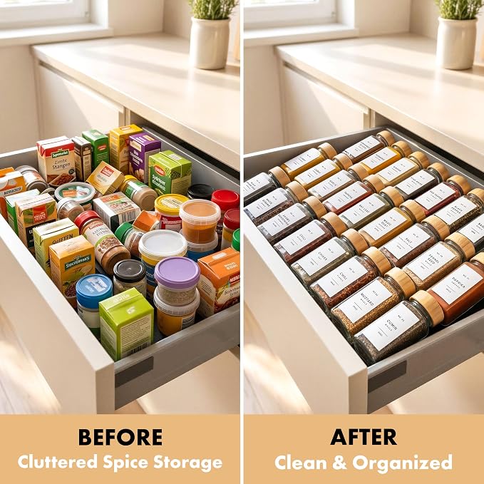 EDELHAUS Glass Spice Jars with Label, 24x Bamboo Wooden Lids - White Labels | Airtight Lids keep spices fresh, Kitchen Spice Drawer Organizer, 4oz Seasoning Containers incl. Funnel, Brush & 240 Labels