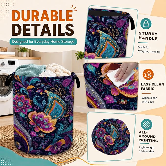Mandala Paisley Flower Laundry Basket with Handles,Vintage Boho Foldable Oxford Laundry Hamper,Collapsible Clothes Storage Basket for Laundry Room/Bathroom/Bedroom/Dormitories 20.8 x 16 Inches