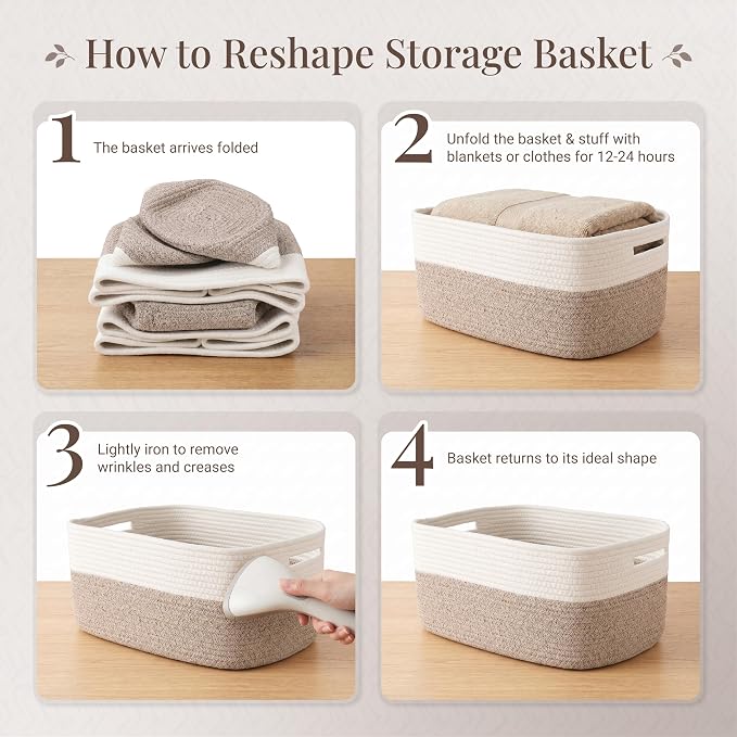 5-Pack Large Woven Rope Storage Baskets, 2 Sizes Organizer Bins | Fabric Cube Boxes and Rectangular Shallow Bins for Closet, Shelf, Bookshelf, Nursery, Changing Table, Bathroom, Toys & Home