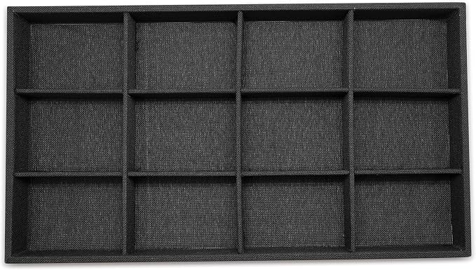 The Display Guys - Stackable Jewelry Tray and Organizer - for Drawers, Dressers, Store Display (12 Compartments, Black Burlap)