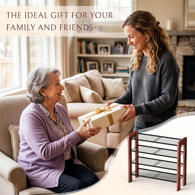 Wooden 4-Tier Shoe Rack, Free Standing Shoe Storage Organizer with Wood Legs and Metal Mesh Shelves, Shoe Shelf for Entryway, Closet, Hallway