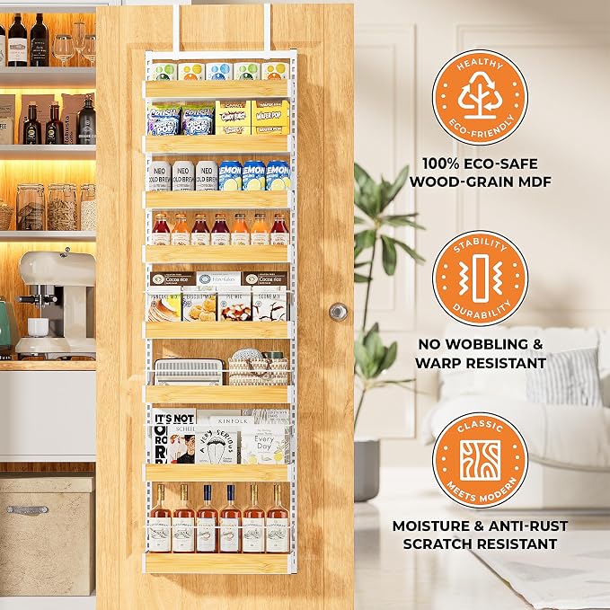 8-Tier White Door Mounted Hanging Spice Rack Shelves for Kitchen Home | Over-Door Pantry Organizer Spice Rack Back of Door Organizer and Storage with Anti-drop Rod & Adjustable Basket
