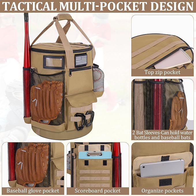 Baseball Bucket Bag, Tactical Style Softball Bucket Cover for 6 Gallon Bucket, Coaching Accessories Organizer with Multiple Pockets for Bat, Gloves, Scoreboard