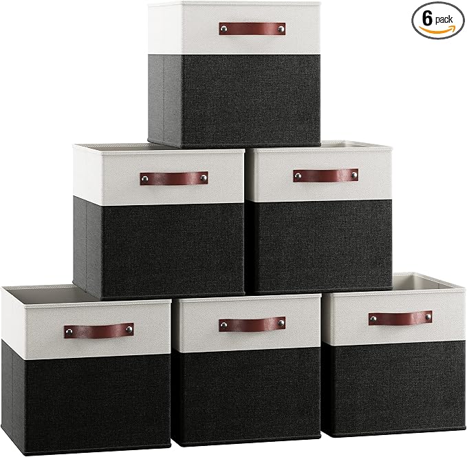 Ornavo Home 13x13 Foldable Fabric Storage Cube Bins, 6 Pack, White/Black | Collapsible Linen Shelf Basket Organizer; Leather Handles; Ideal Cube Storage For Closet